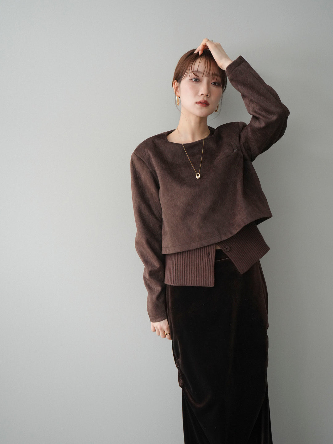 [予約]リブニットレイヤードスエードプルオーバー/brown