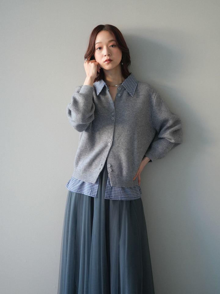 [SET]チェックシャツ襟ニットカーディガン+チュールボリュームスカート(2set)