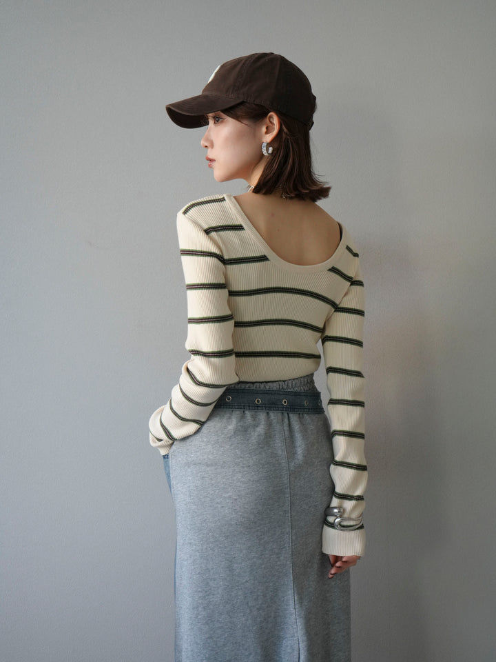 [予約]バックオープンボーダーテレコリブトップス/アイボリー