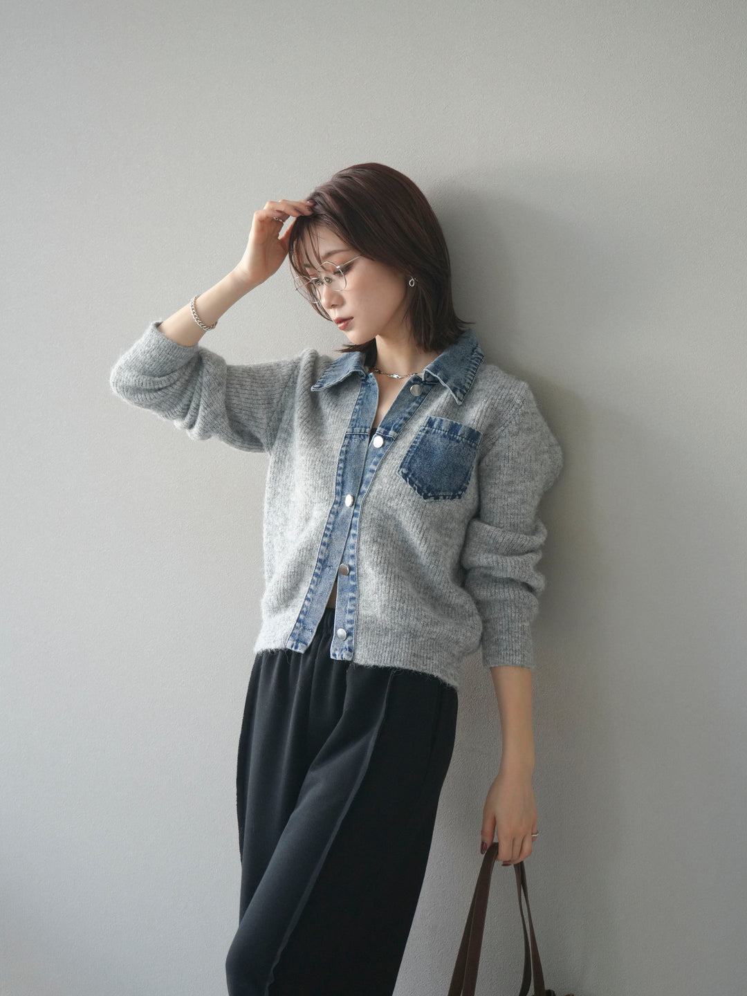 [予約]デニム襟ポケットニットカーディガン/gray