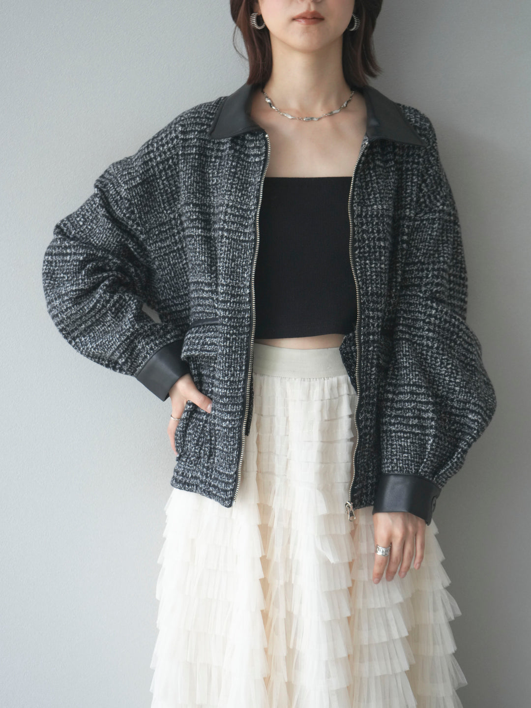 [予約]レザー襟ミックスツイードジャケット/black