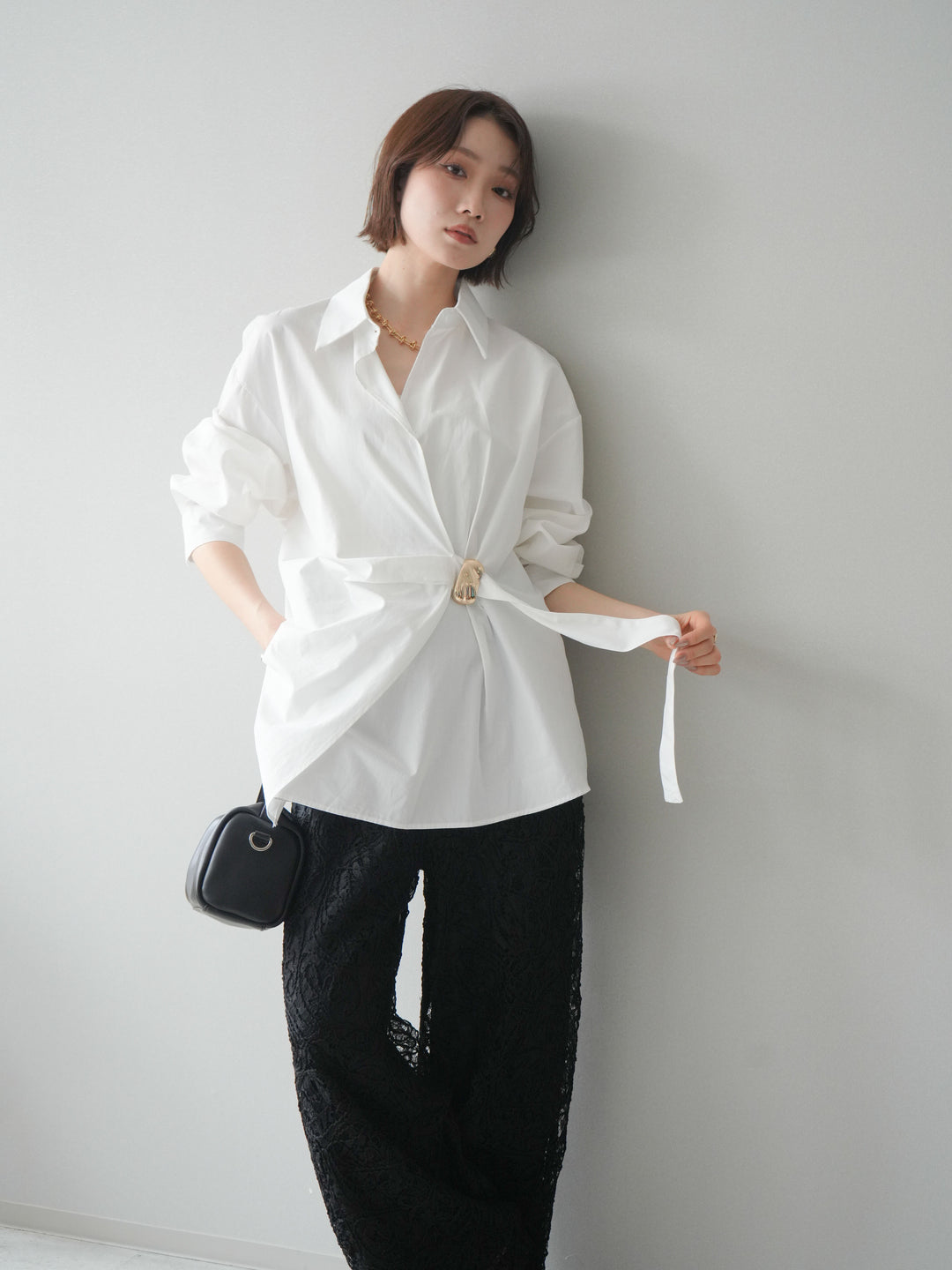 [SET]メタルパーツドレープシャツ+シアーコードレースイージーパンツ(2set)