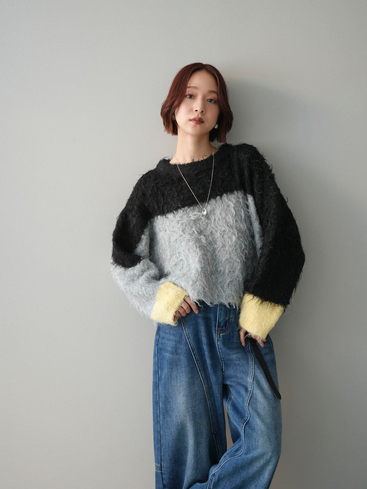 [SET]バイカラーモヘアタッチニットプルオーバー+裏起毛加工デニムカーブパンツ(2set)