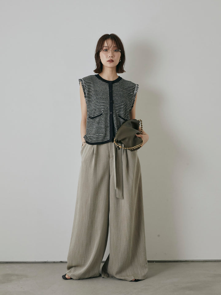 [予約]リネンライクウエストリボンワイドパンツ/ベージュ