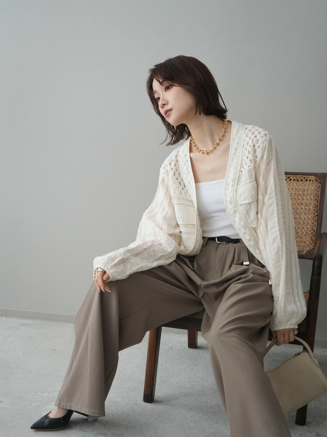 [SET]パッチワークシアーフリルブルゾン+ベルト付キーホルダーモチーフワイドパンツ(2set)