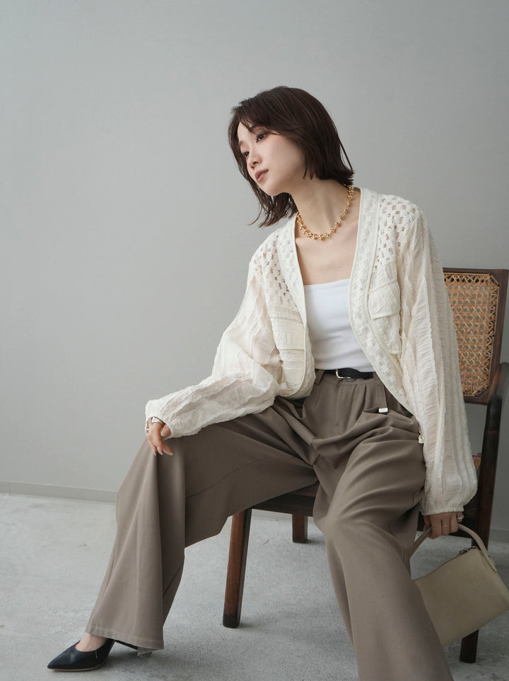 [SET]パッチワークシアーフリルブルゾン+ベルト付キーホルダーモチーフワイドパンツ(2set)