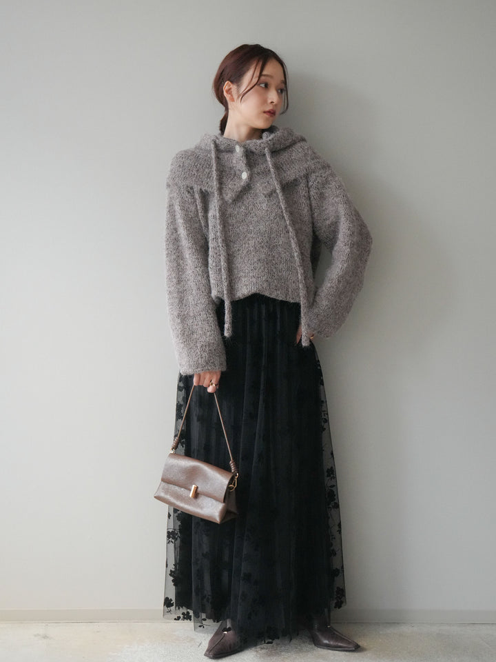 [SET]バラクラバSETニットプルオーバー+フラワーフロッキーチュールプリーツスカート(2set)