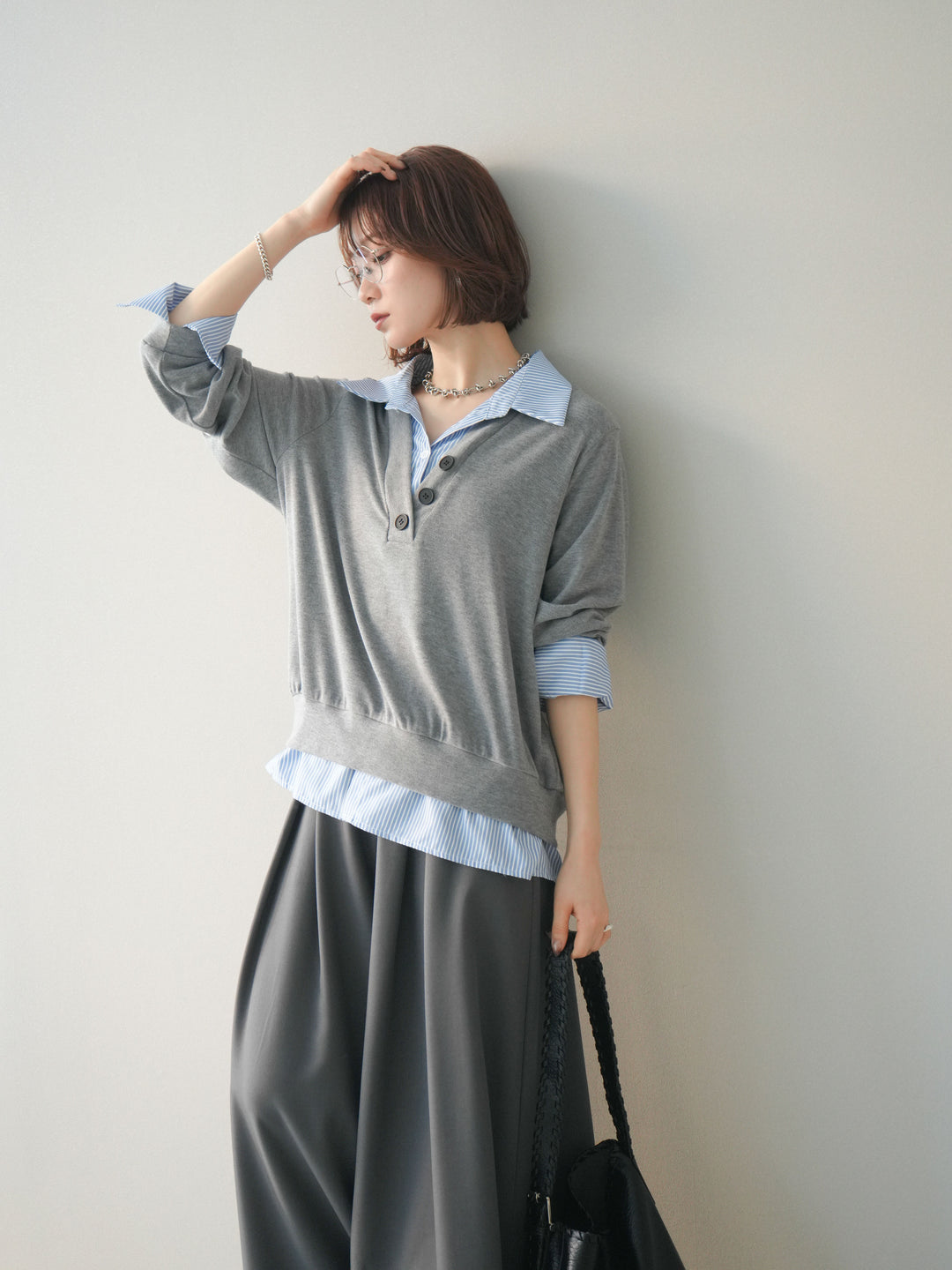 [予約]シャツレイヤードデザインカットプルオーバー/lightgray