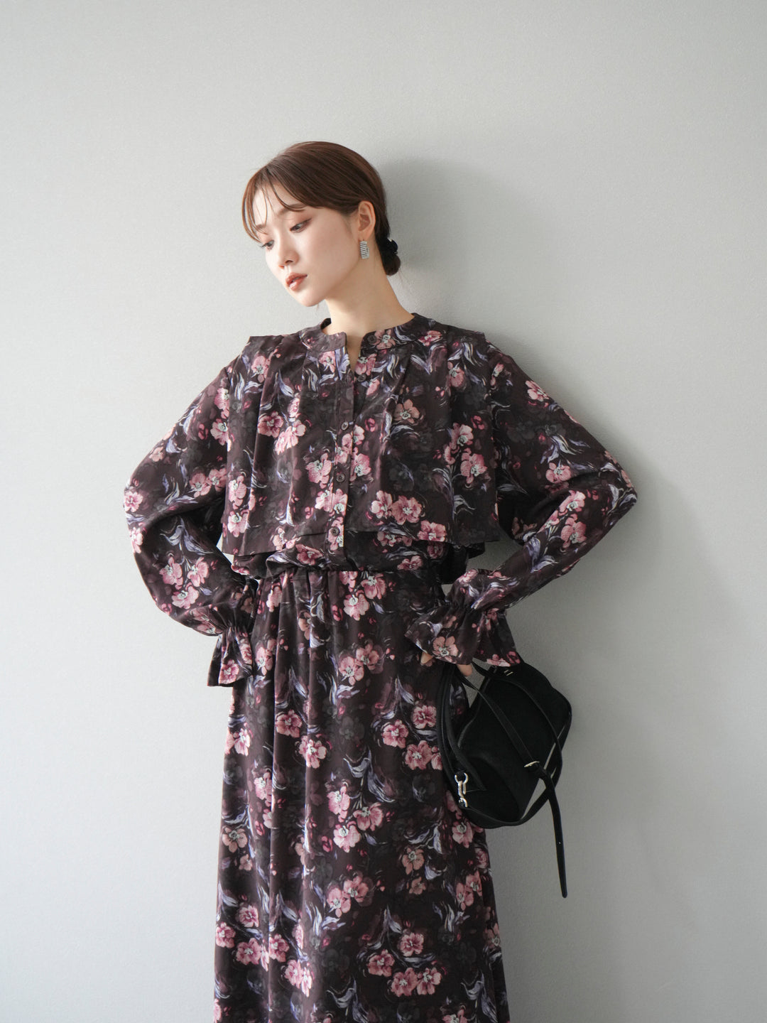 [予約]フラワーフリルブラウス/ブラウン