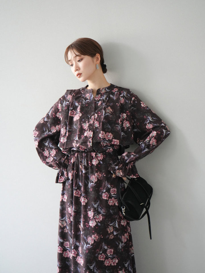 [予約]フラワーフリルブラウス/ブラウン