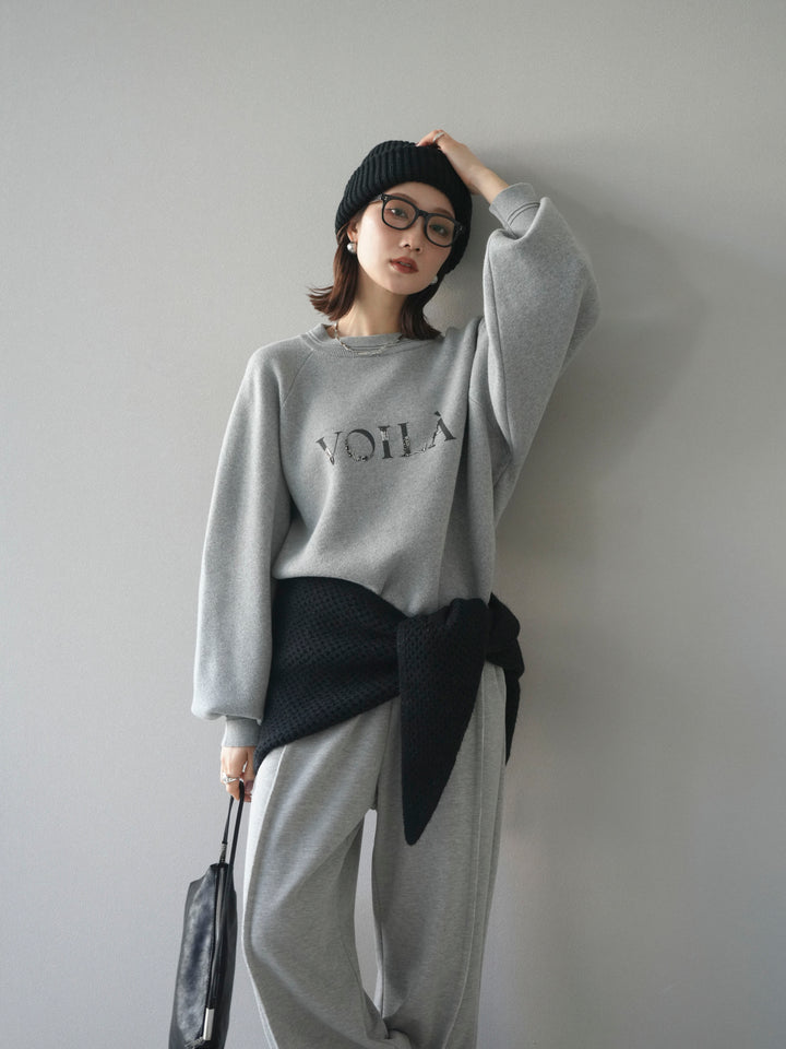 [予約]スウェットライクビーズロゴ刺繍ニットプルオーバー/mokugray