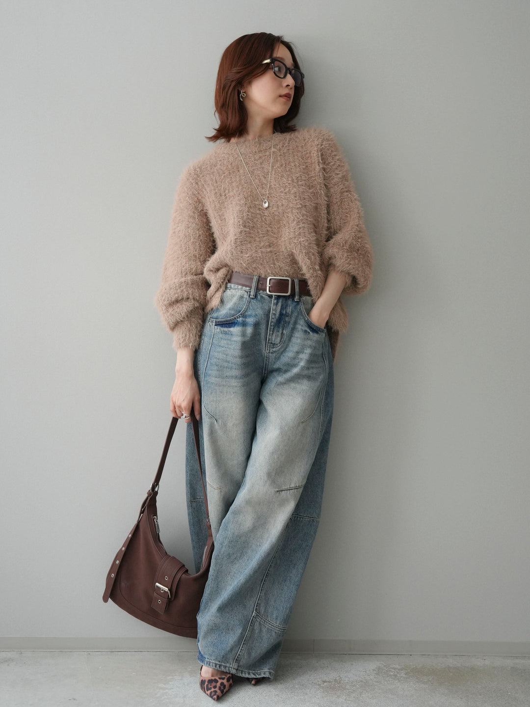 [SET]ボリュームスリーブシャギー MIXニットプルオーバー+ベルト付カーブデニムパンツ(2set)