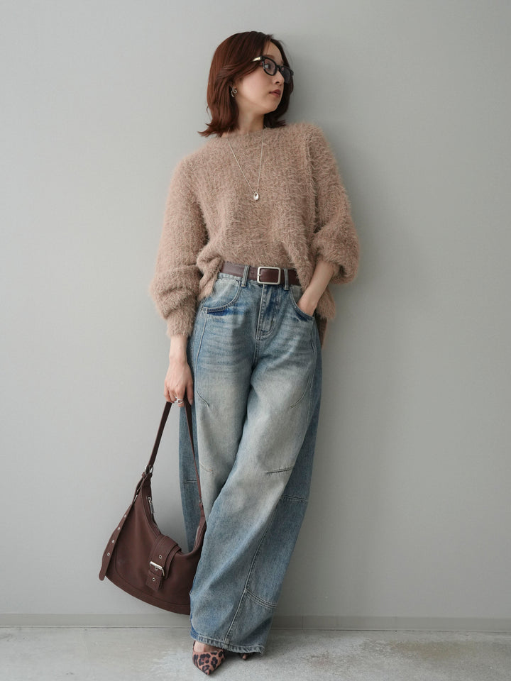 [SET]ボリュームスリーブシャギー MIXニットプルオーバー+ベルト付カーブデニムパンツ(2set)