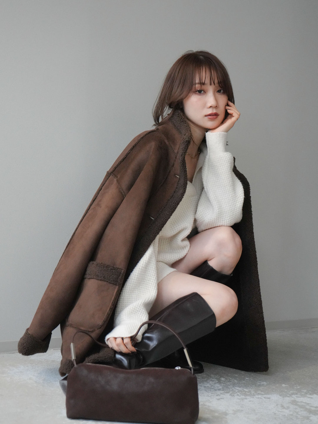 [SET]ポロニットプルオーバー＆ショートパンツSET UP+スタンドネックフェイクムートンミディアムコート(2set)