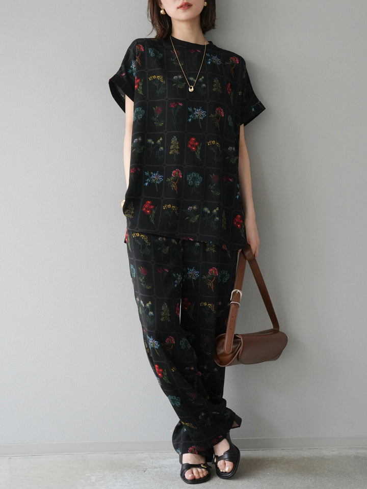 [予約]パッチワークフラワープリントイージーパンツ/ブラック