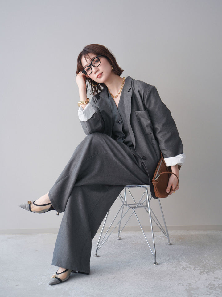 [SET]リネンライクテーラードジャケット+リネンライクバックオープンジレ+リネンライクタックワイドパンツ(3set)