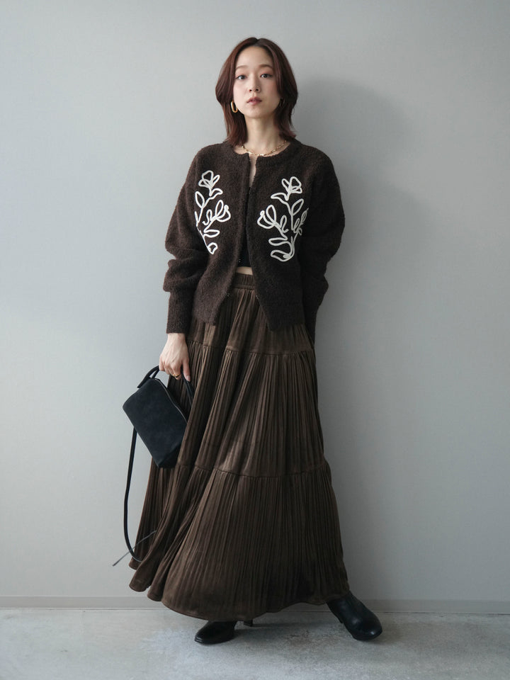 [SET]テープ刺繍ホック開きブークレニットカーディガン+ベロアティアードワッシャースカート(2set)