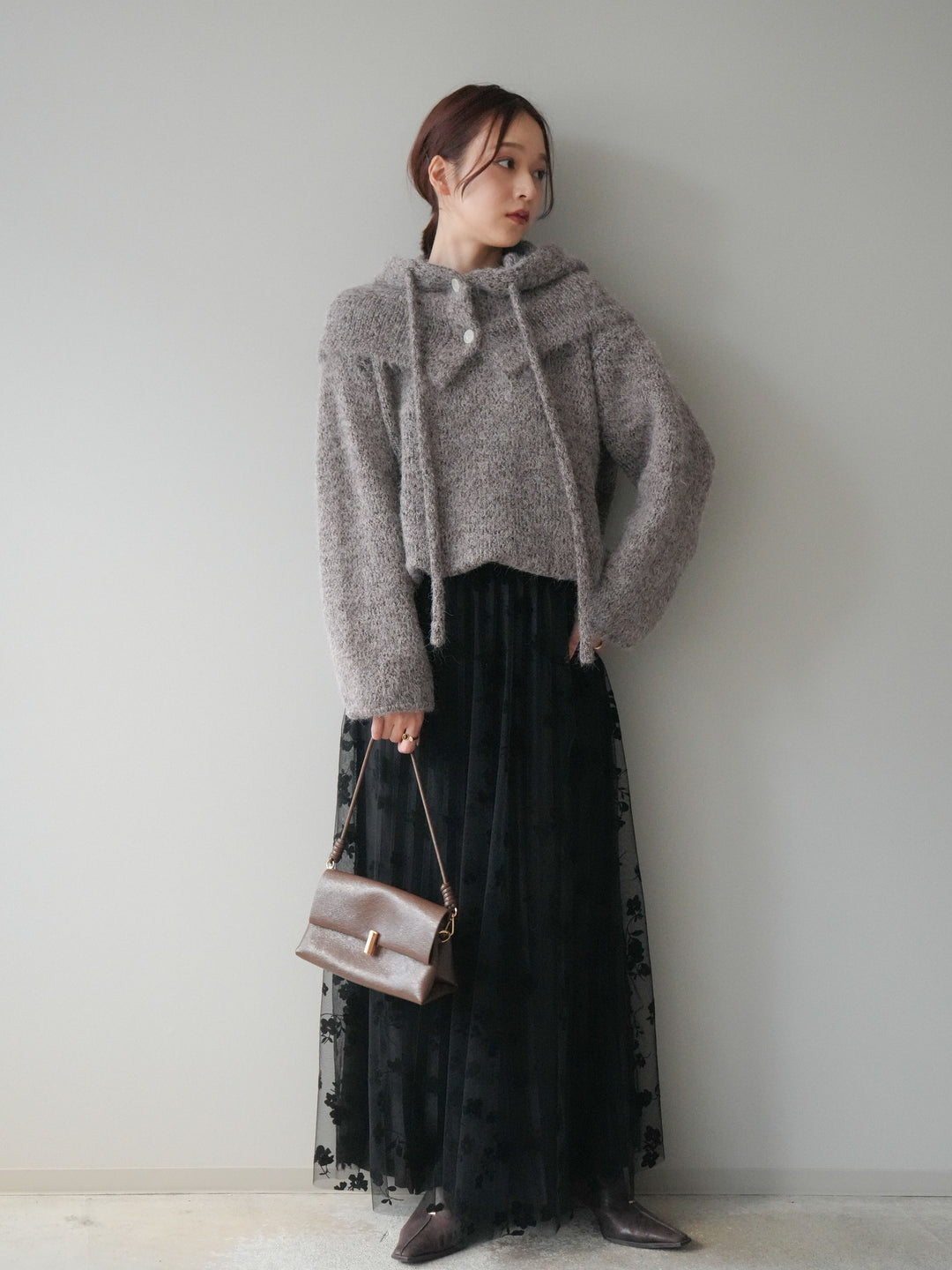 [予約]フラワーフロッキーチュールプリーツスカート/black