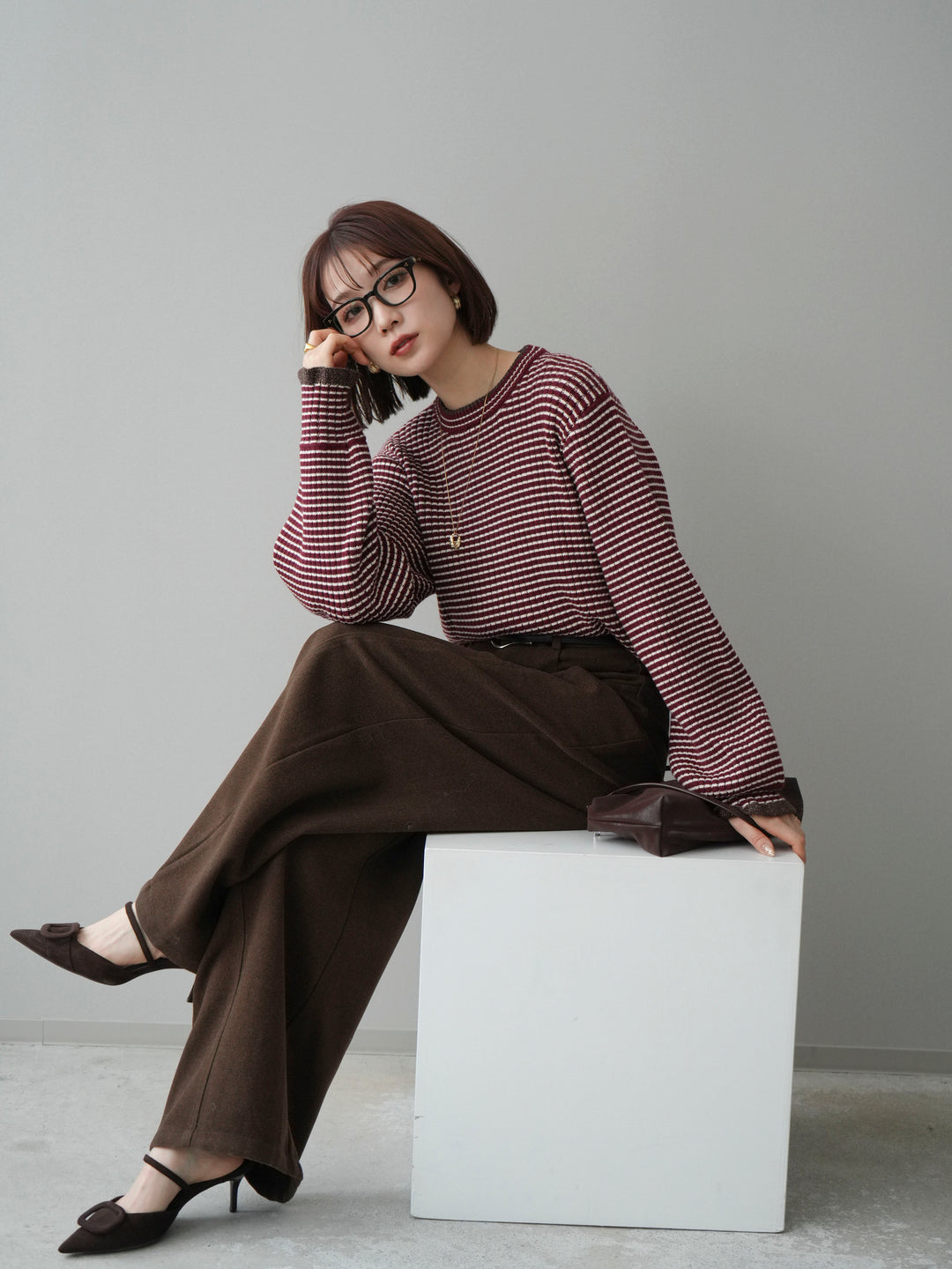 [予約]ラメ異素材ボーダーリブニットプルオーバー/bordeaux×brown