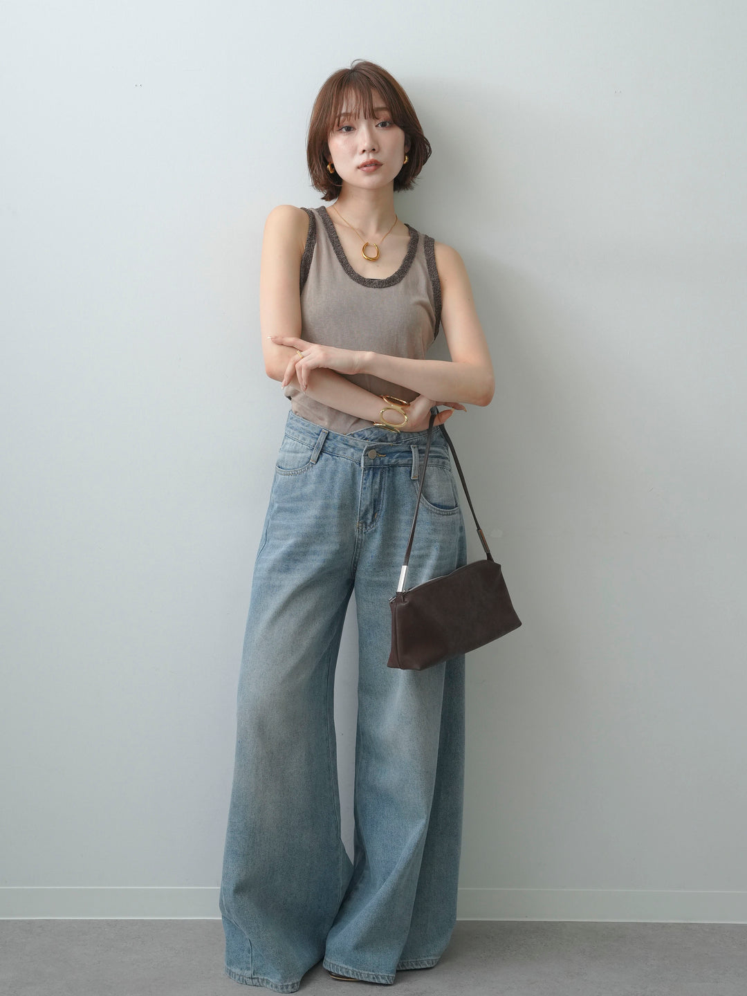 [SET]バックレースタンクトップ+アシンメトリーウエストワイドデニム(2set)