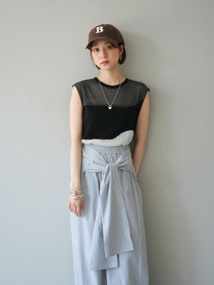[SET] 雙色透視針織無袖上衣 + 條紋束腰休閒褲 (2set)