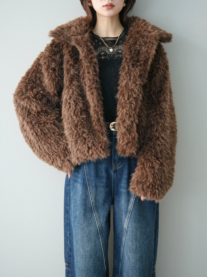 [SET]フェイクファー襟付きショートブルゾン+チュールレーストップス(2set)