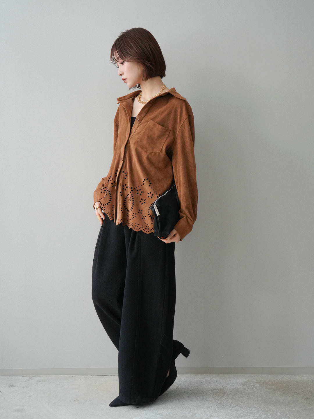 [SET]裾スカラップスエードシャツ+ベルト付起毛コクーンパンツ(2set)