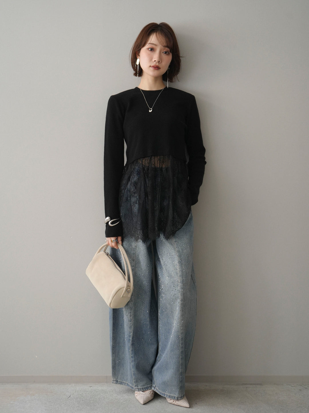 [予約]クルーネックレースドッキングリブニットトップス/black