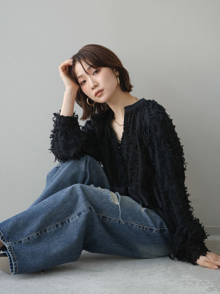 [予約]ジャガードぺプラムフリルブラウス/black