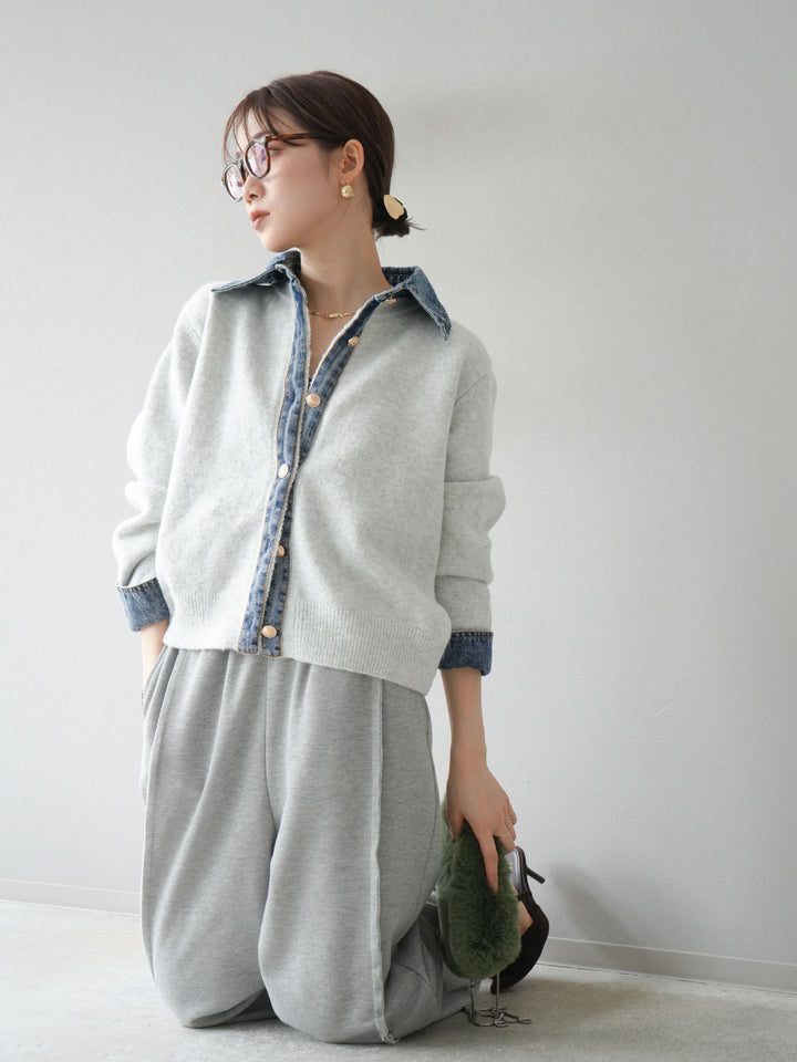[SET]デニム襟ボタンニットカーディガン+2WAYデザインスウェットパンツ(2set)
