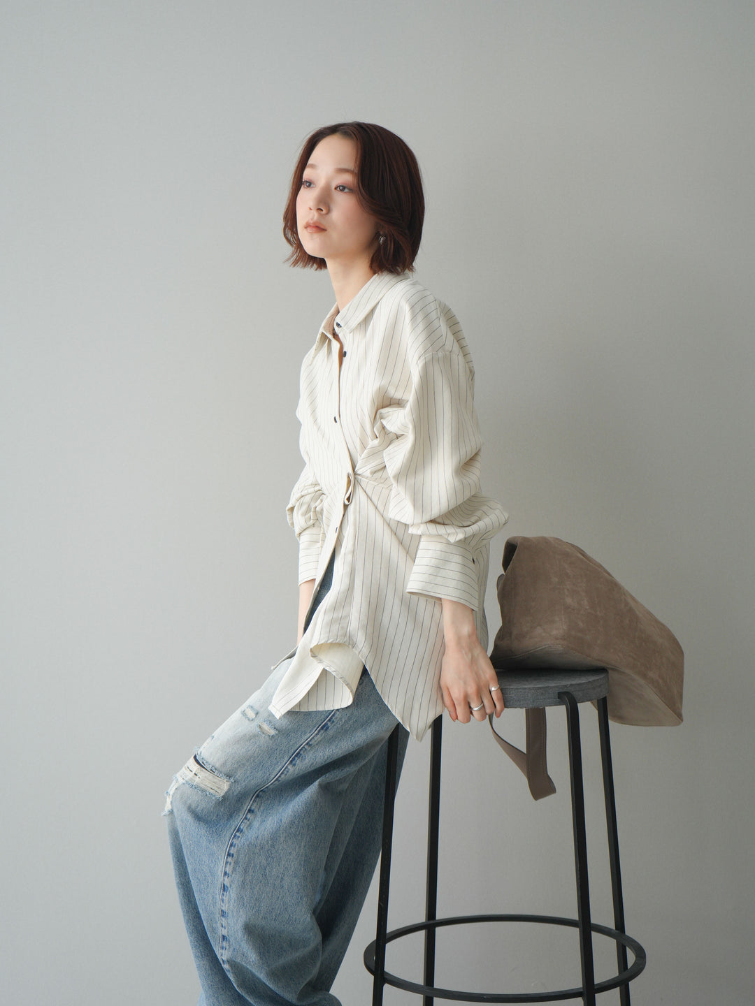 【套裝】雙向裹身條紋襯衫+破洞牛仔半闊腿褲（兩件套）