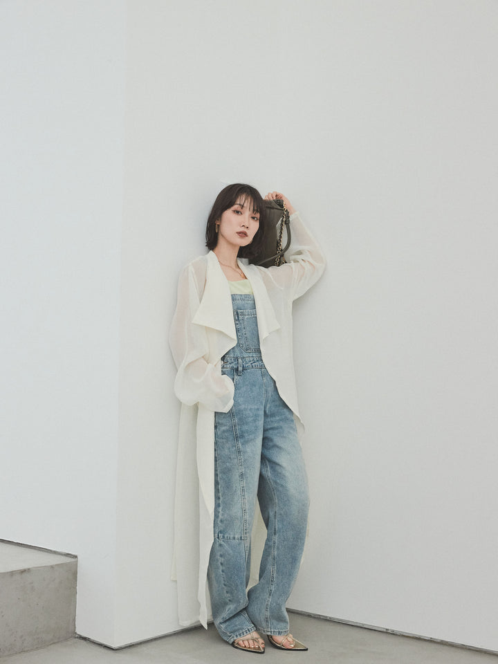 [SET] 中縫牛仔背帶褲 + 透視長版外套（2 件組）