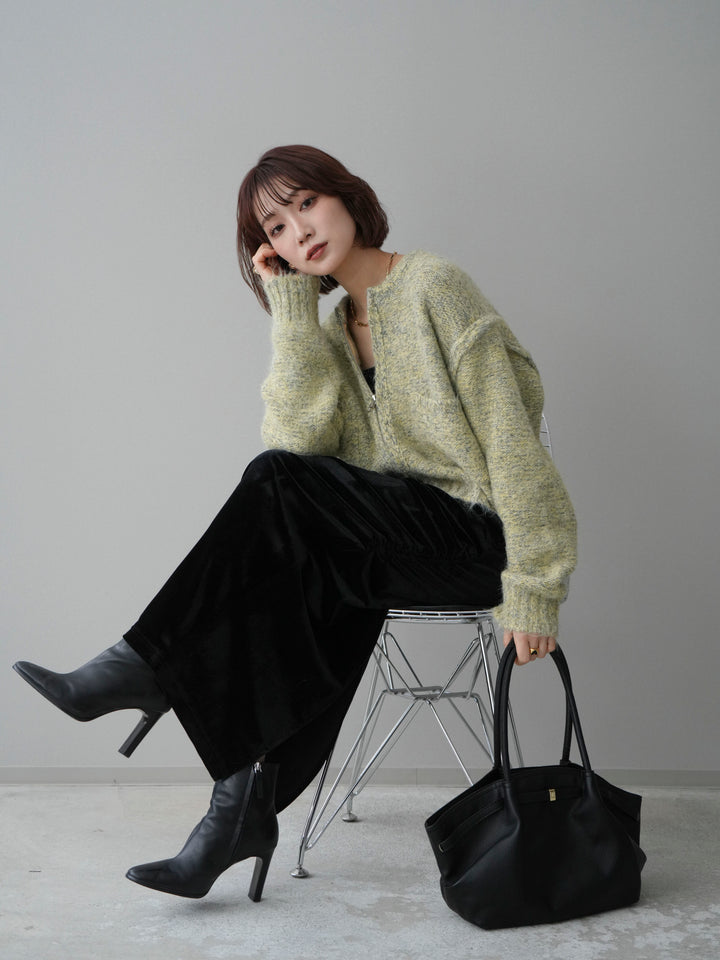[SET]ミックスヤーンダブルZIPニットカーディガン+ギャザーベロアスカート(2set)