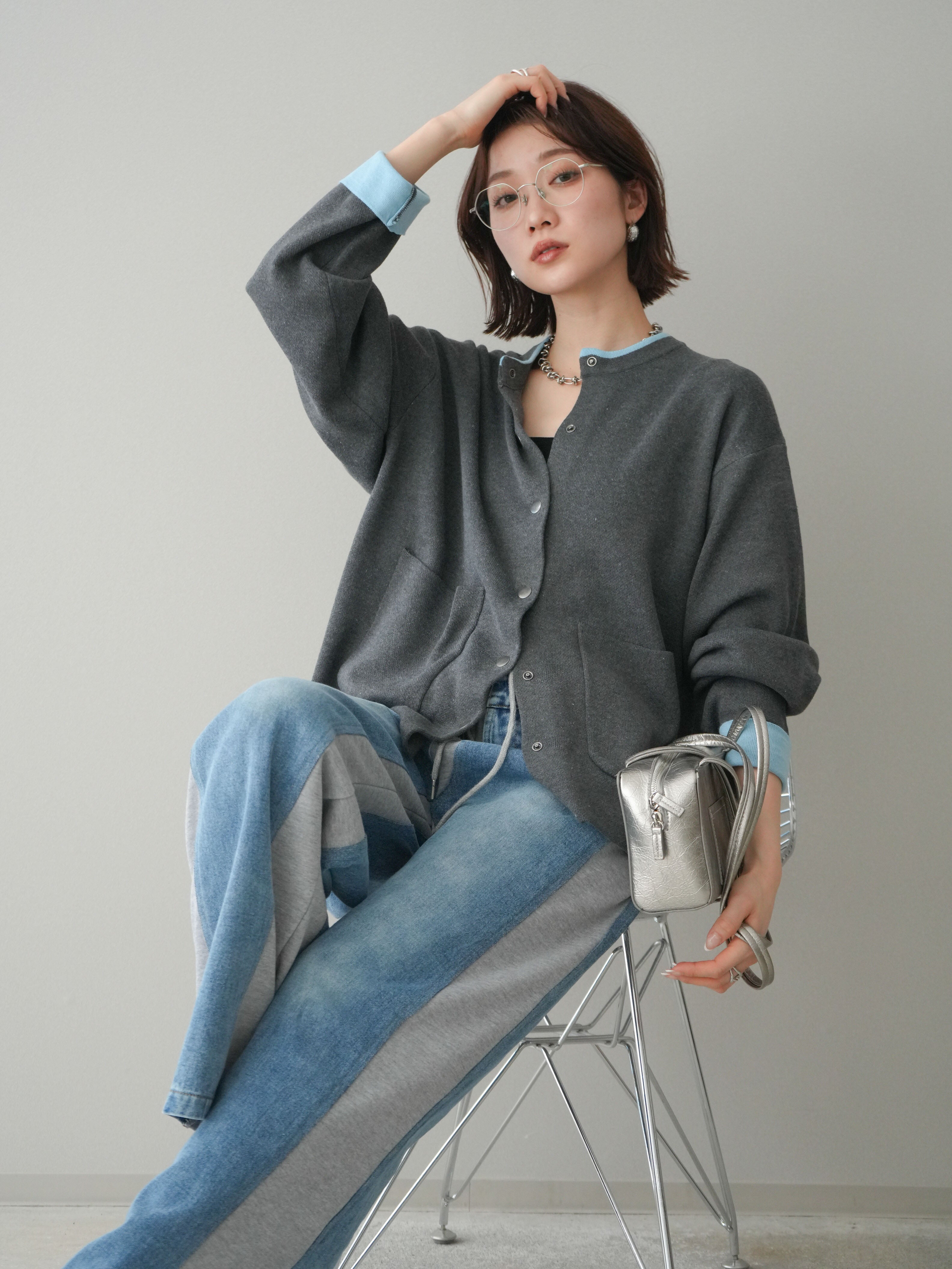 SET]バイカラーオーバーニットカーディガン+デニム切替スウェット