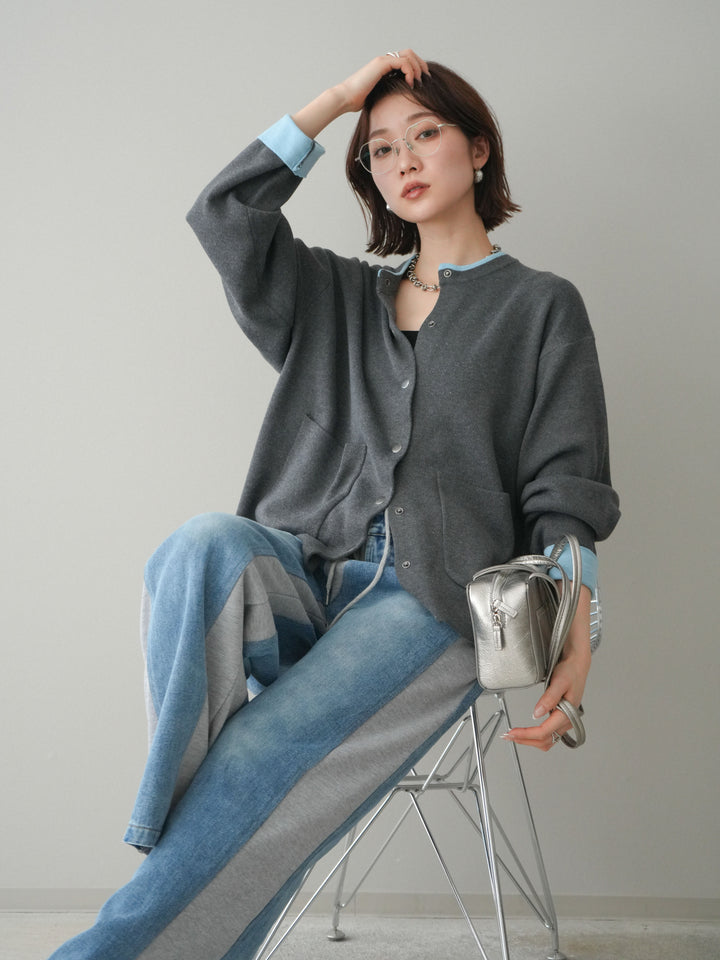 [SET]バイカラーオーバーニットカーディガン+デニム切替スウェットパンツ(2set)