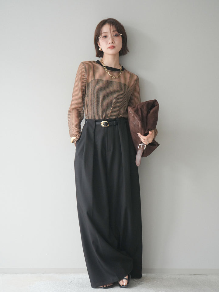 [SET]シアーストライプメッシュトップス+ドレープタックベルトループパンツ(2set)