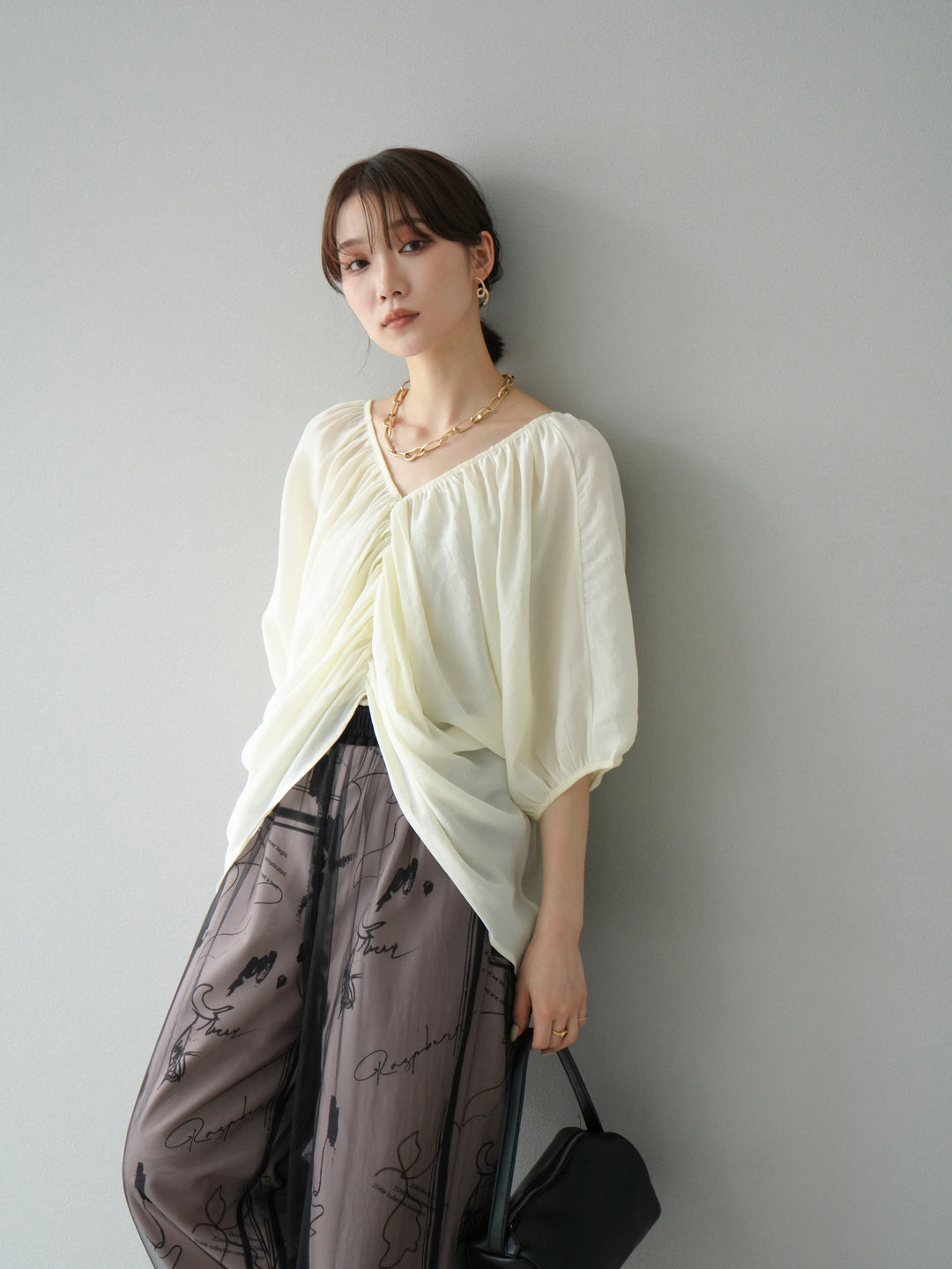 [SET]ボリュームスリーブシアータックブラウス+コード刺繍チュールレイヤードパンツ(2set)