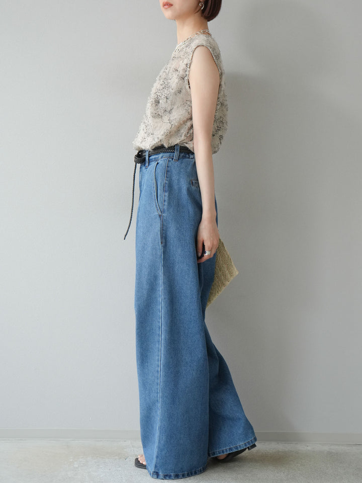 【預購】雙褶寬牛仔褲/藍色