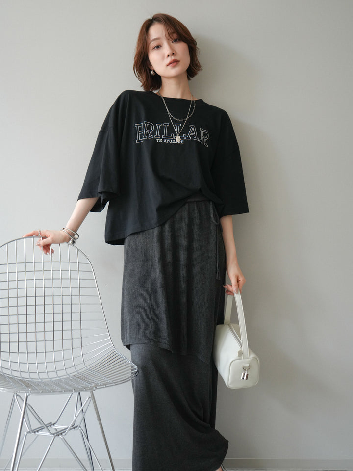 [SET]ボックスシルエットロゴTEE+レイヤードラップニットスカート(2set)