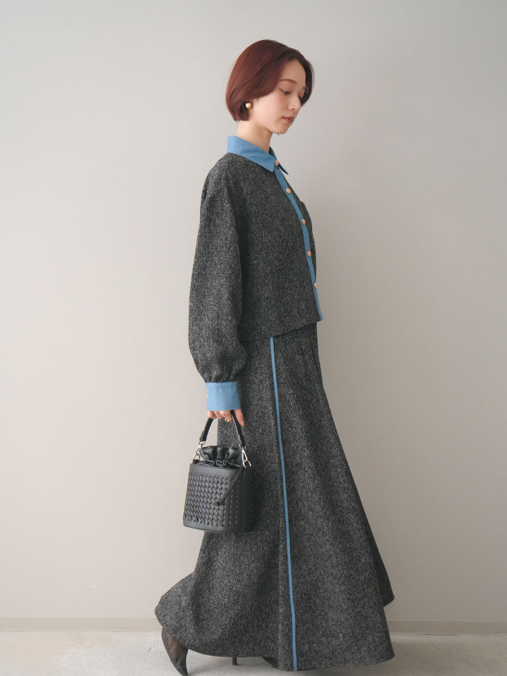 [予約]異素材サマーツイードタックフレアスカート/black