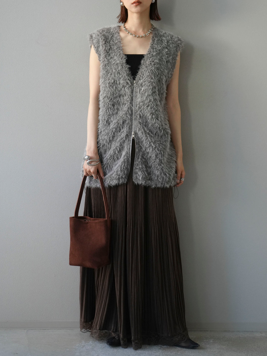 [予約]ダブルZIPループシャギーベスト/ブラック