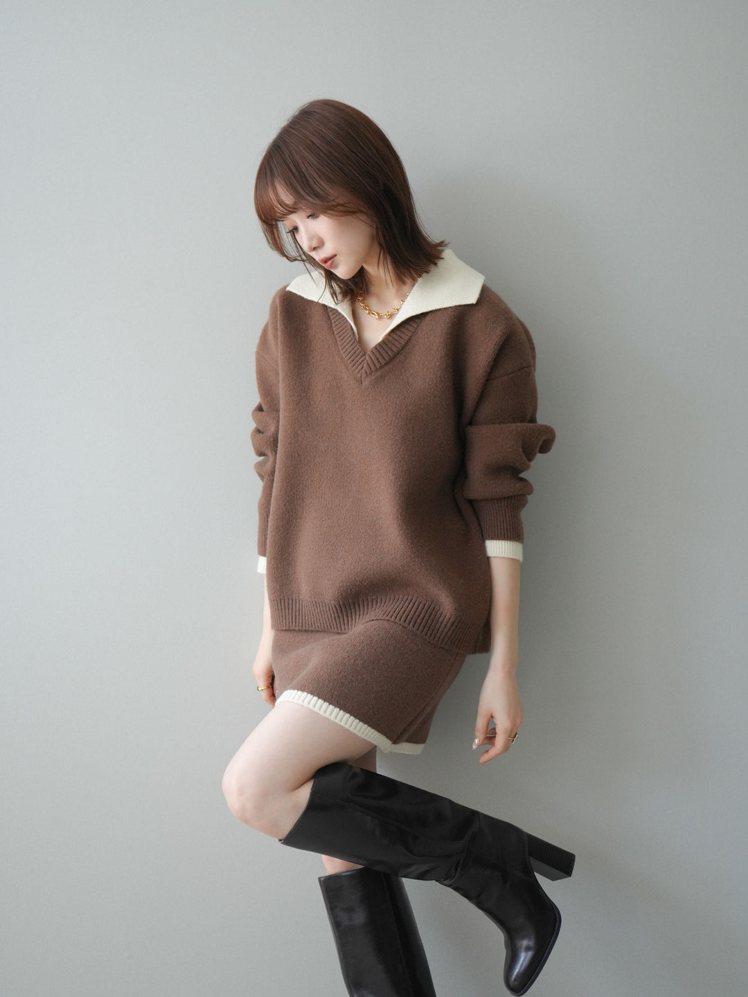 [SET]配色襟ニット＆ミニスカートSET UP(2set)