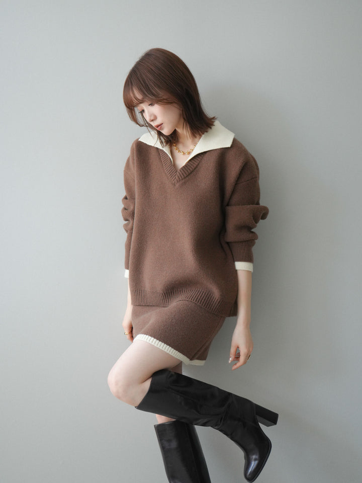 [SET]配色襟ニット＆ミニスカートSET UP(2set)