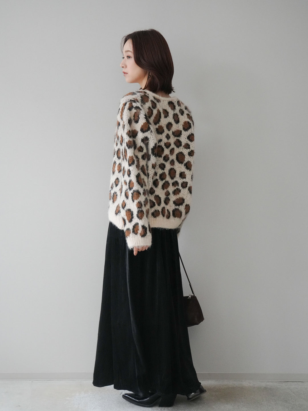 [SET]モヘアタッチレオパード柄ニットカーディガン+ワッシャーベロアプリーツスカート(2set)