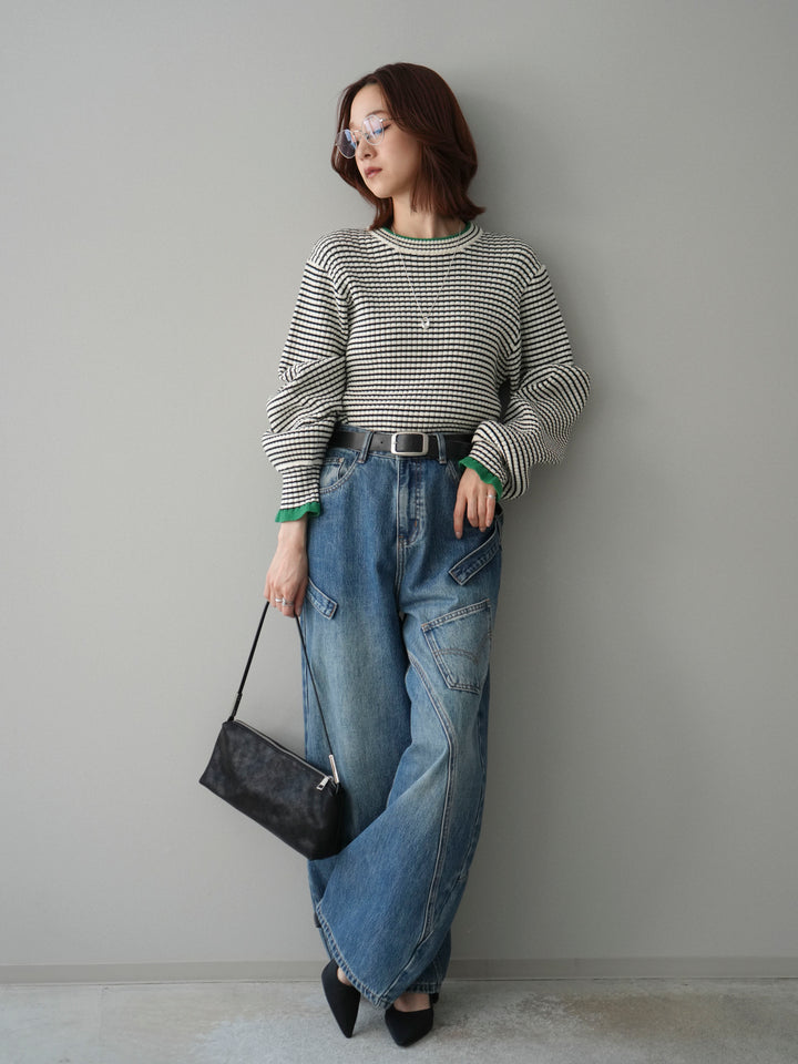 [SET]ラメ異素材ボーダーリブニットプルオーバー+ペインターカーブデニムパンツ(2set)