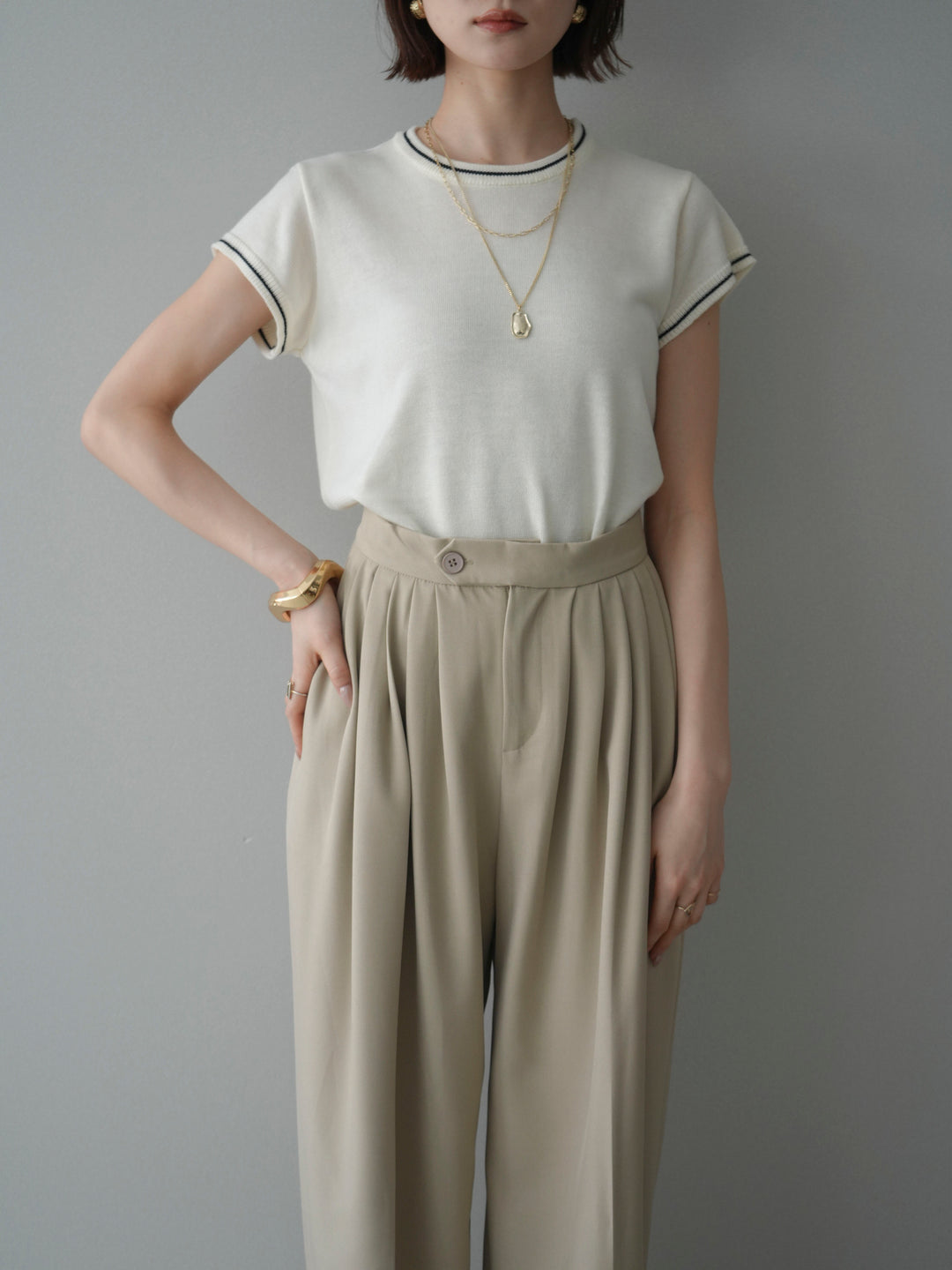 [SET]配色ハーフスリーブニットトップス+メニータックワイドパンツ(2set)