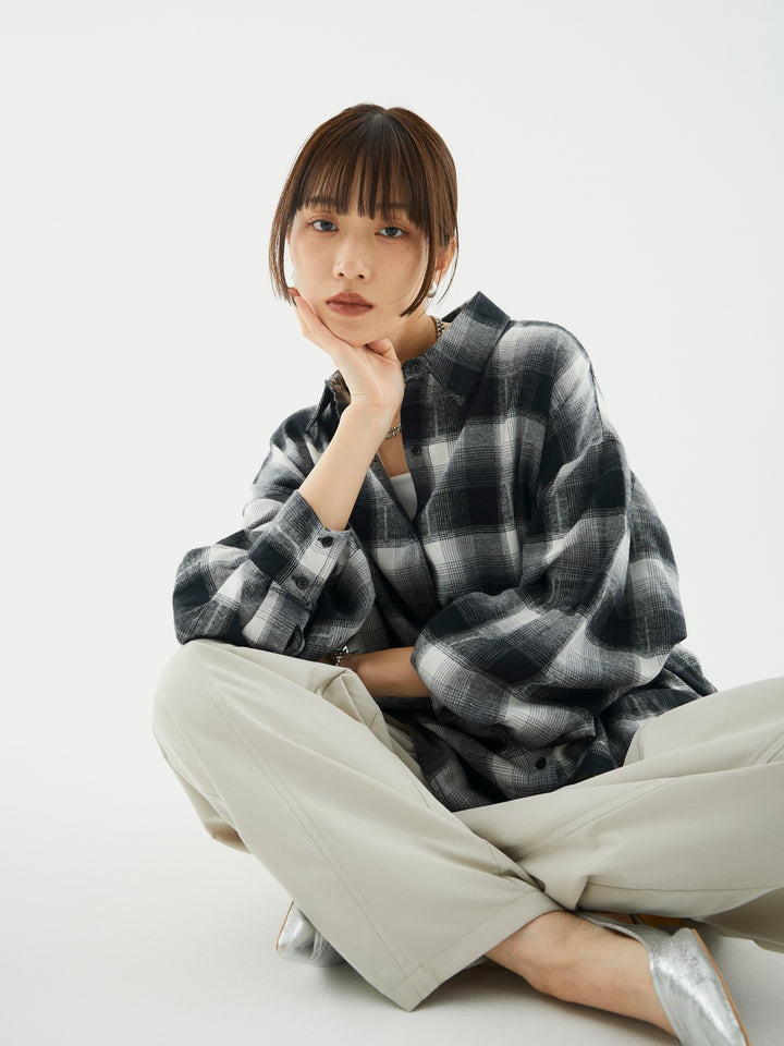 【Allure】[SET]オンブレチェックオーバーシャツ+タフタワイドカーブパンツ(2set)