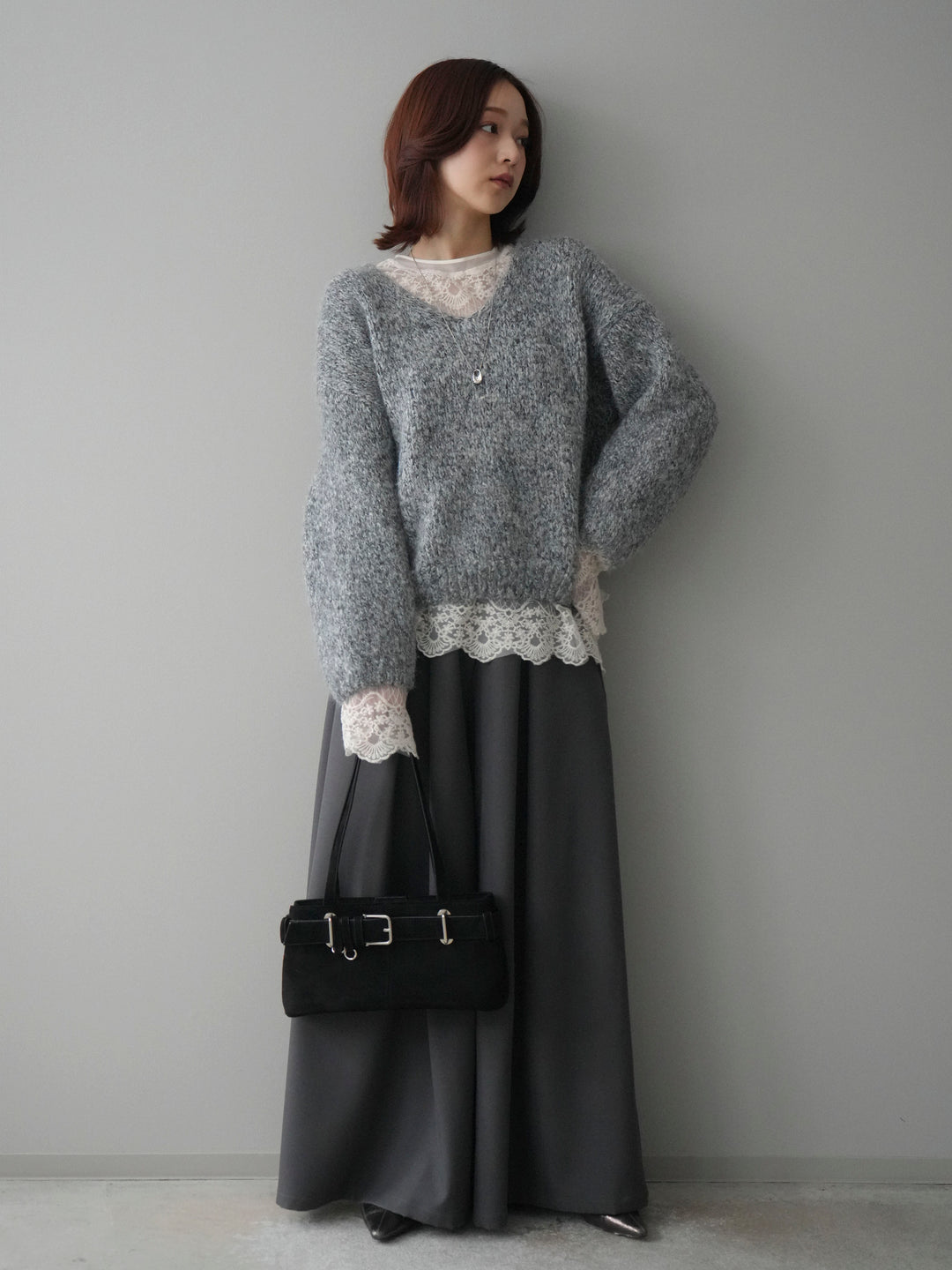 [SET]Vネックミックスヤーンニットプルオーバー+テープベルトタックバギーパンツ(2set)