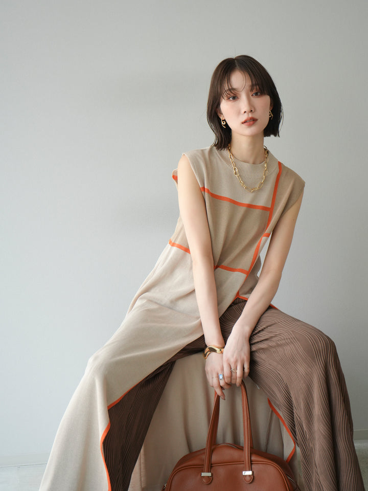 [SET] 配色開衩針織洋裝 + 波浪滾邊休閒褲 (2件套)