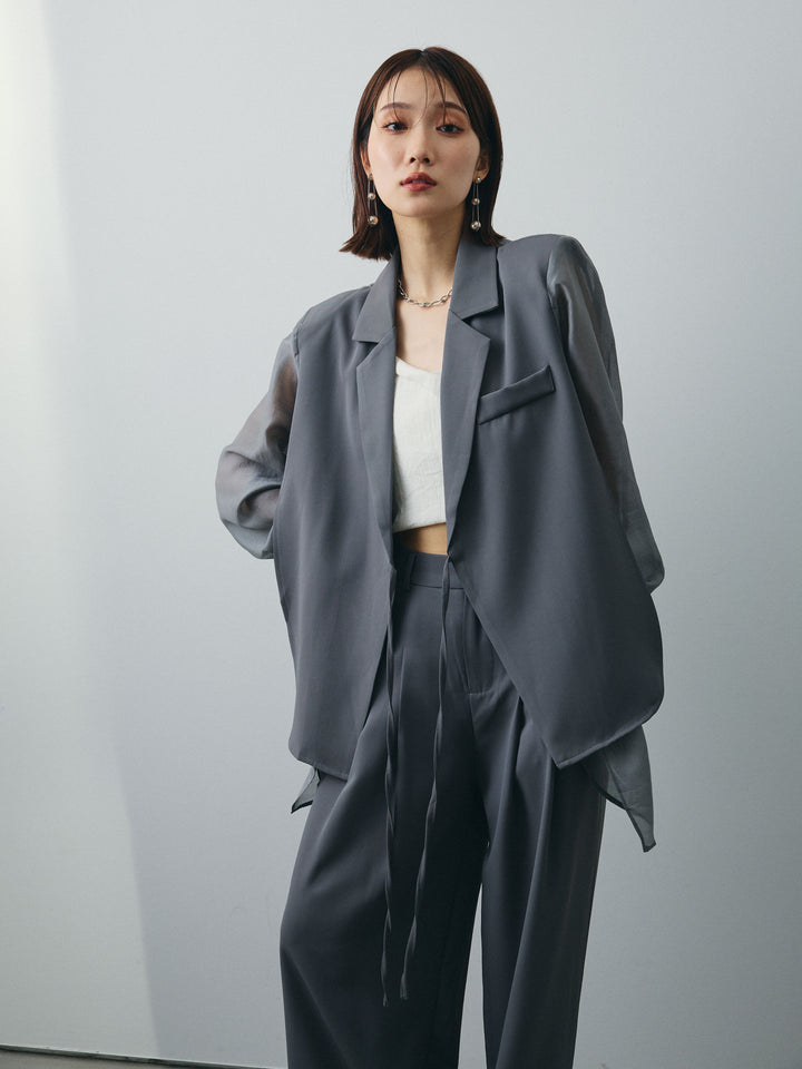 [SET]シアー切替テーラードジャケット+リネンライクカシュクールデザインビスチェ+2タックワイドパンツ(3set)